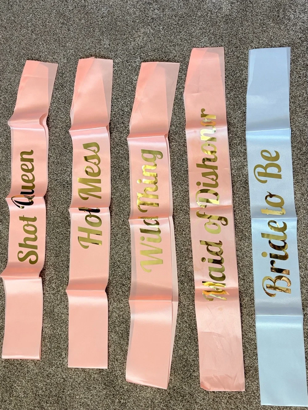 Party Bridal Sashes Set of 5 - Pink and Light Blue with Gold Foil Text